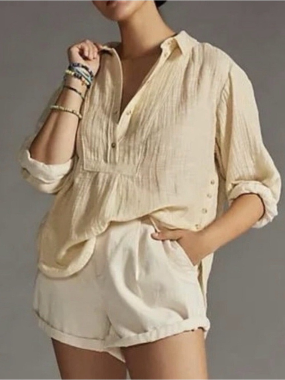 Anthropologie Henley Popver Cream Textured Button-Detail Tunic